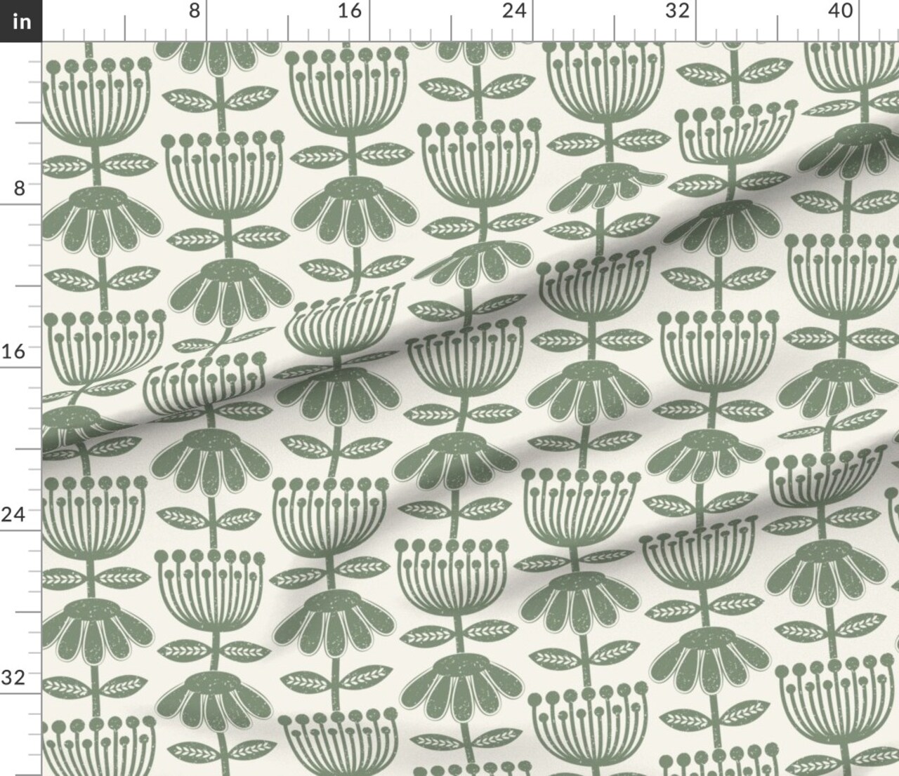Scandi Flowers Green Hand Drawn Floral Scandinavian Folk Art Cottagecore Farmhouse Custom Printed Fabric by Spoonflower Various Fabrics by the Yard or Fat Quarter